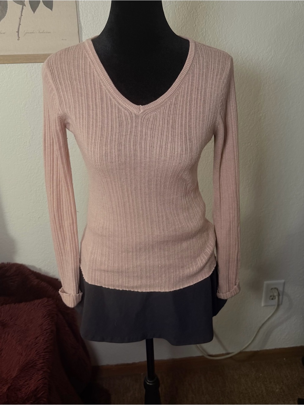 New Pink Slim Ribbed V-Neck Long-Sleeve Top